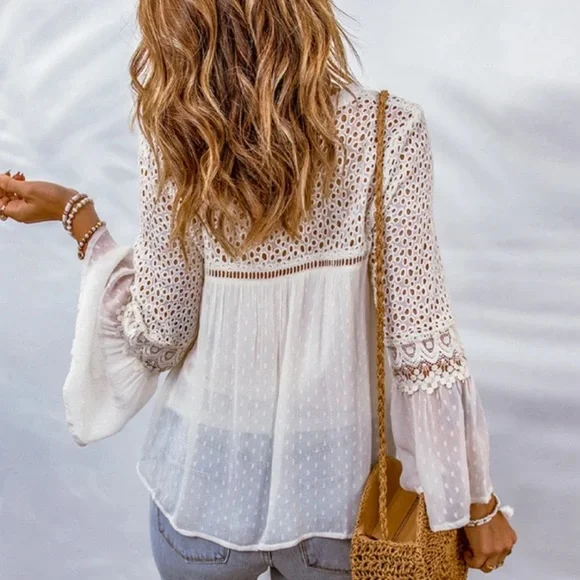 New Women's Boutique White Lace Chiffon Long Sleeve Ethereal Boho Blouse Top - Picture 2 of 9
